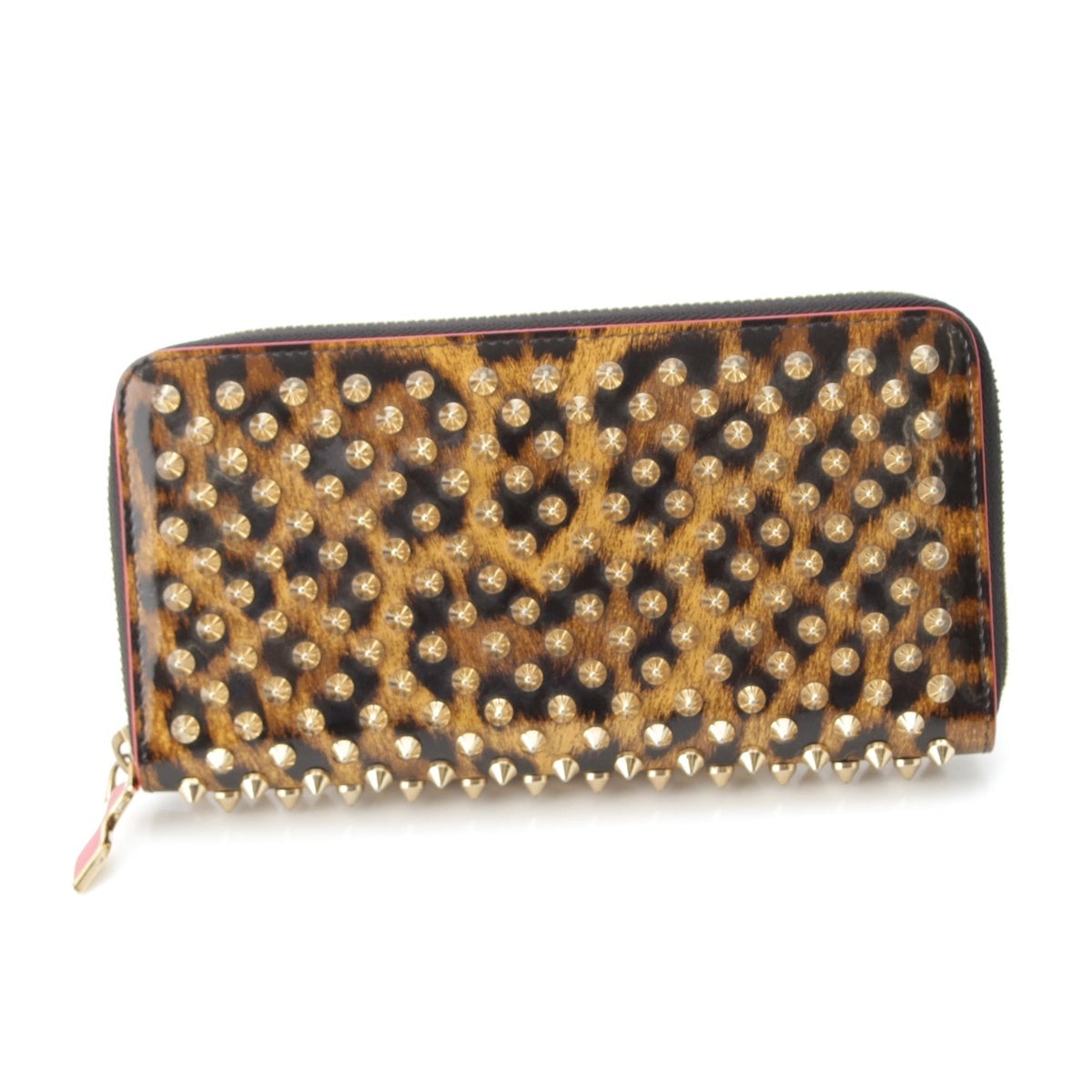 Christian Louboutin Panettone Zip Around Studs Leopard Pattern Purse Wallet Brown black