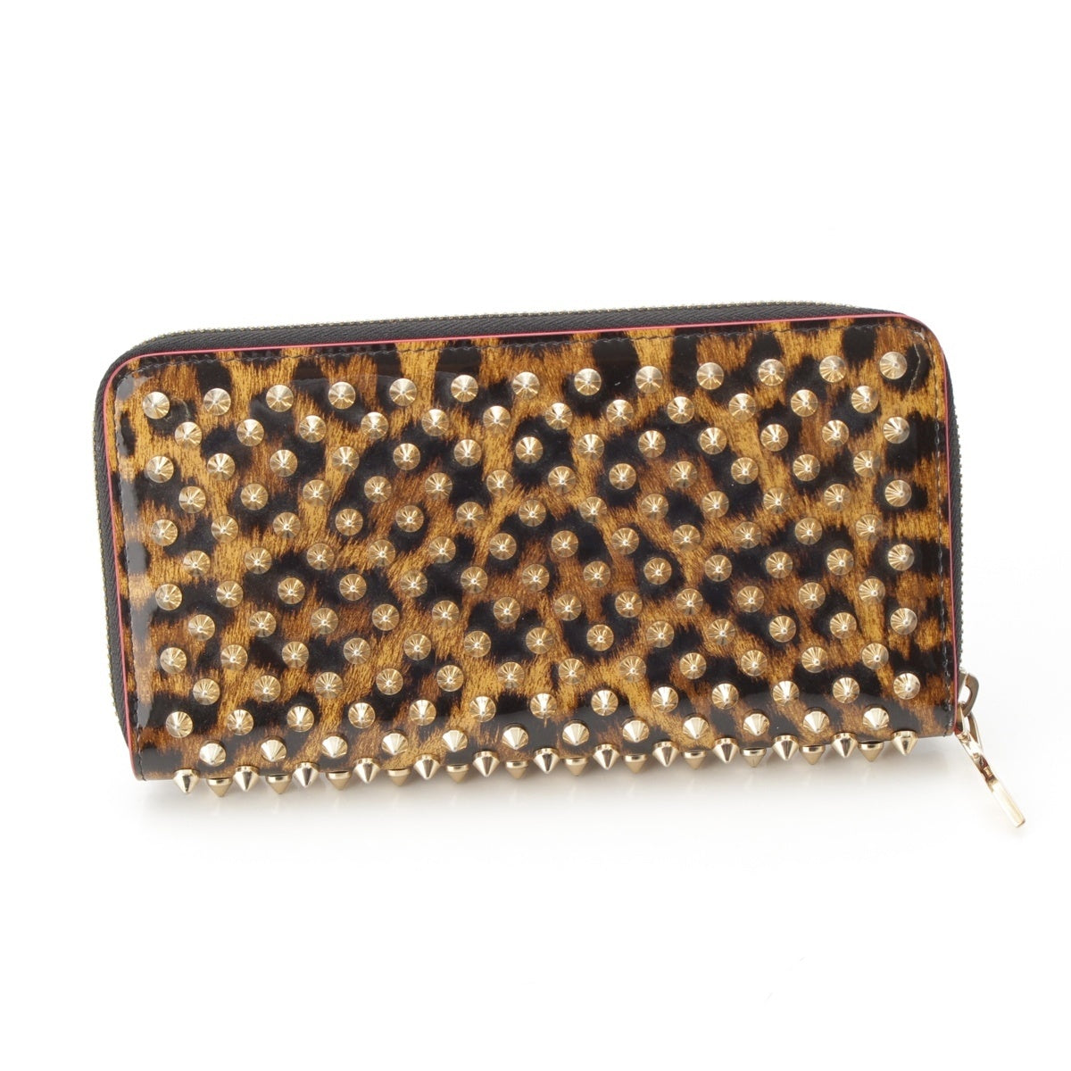 Christian Louboutin Panettone Zip Around Studs Leopard Pattern Purse Wallet Brown black