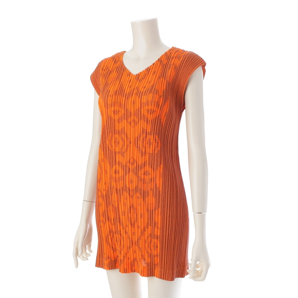 PLEATS PLEASE ISSEY  All-over print V-neck sleeveless Tunic dress PP51-JT535 Orange 3