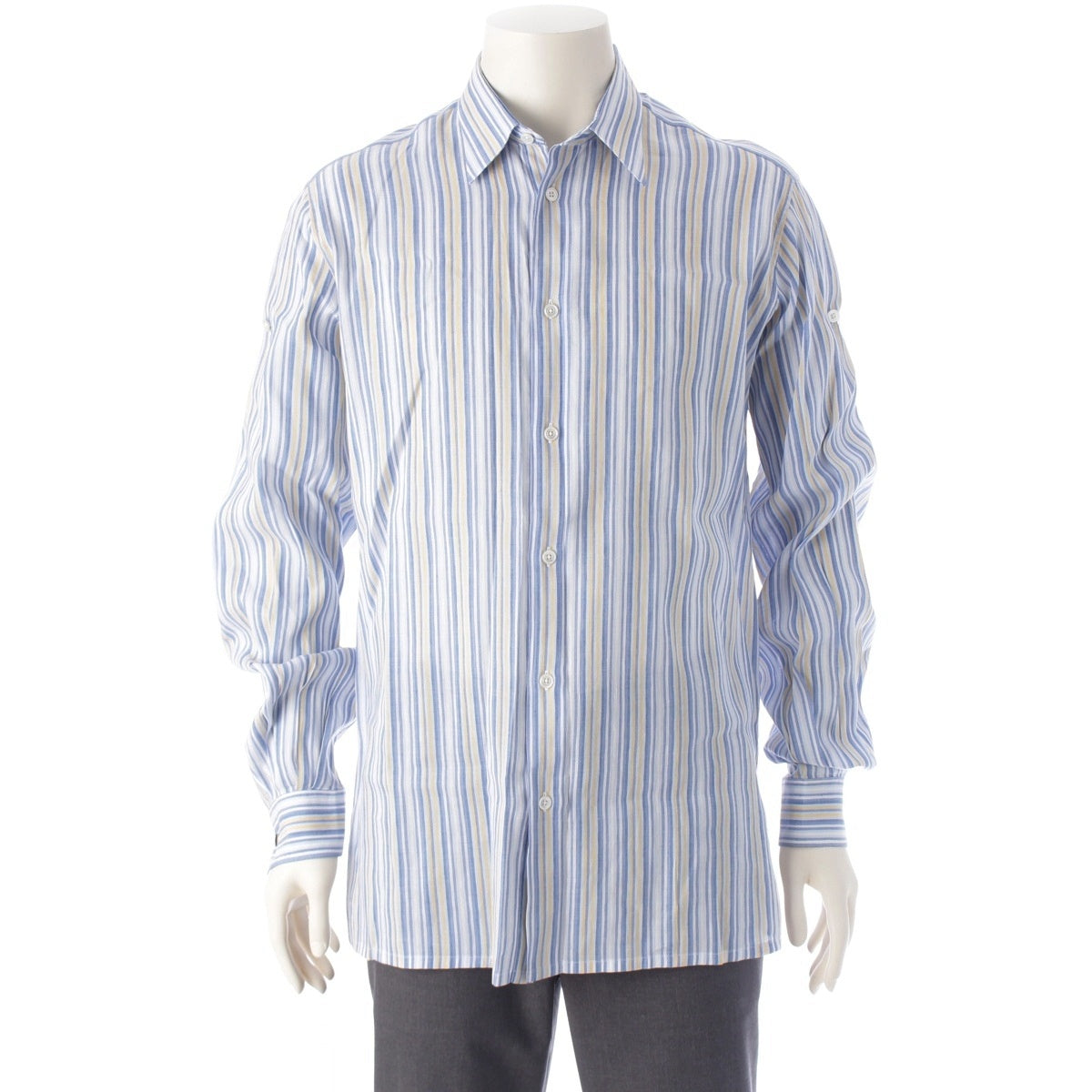 HERMES Cotton linen Serie Button Stripe Long sleeve shirt blue 40 15 3/4