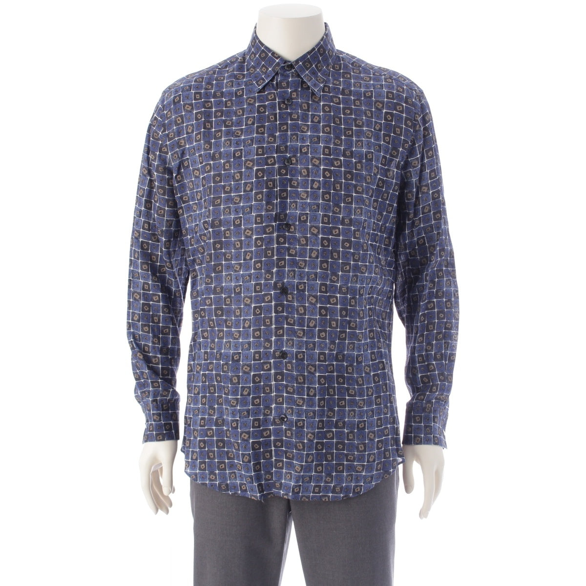 HERMES linen Serie button check all-over pattern Long sleeve shirt blue
