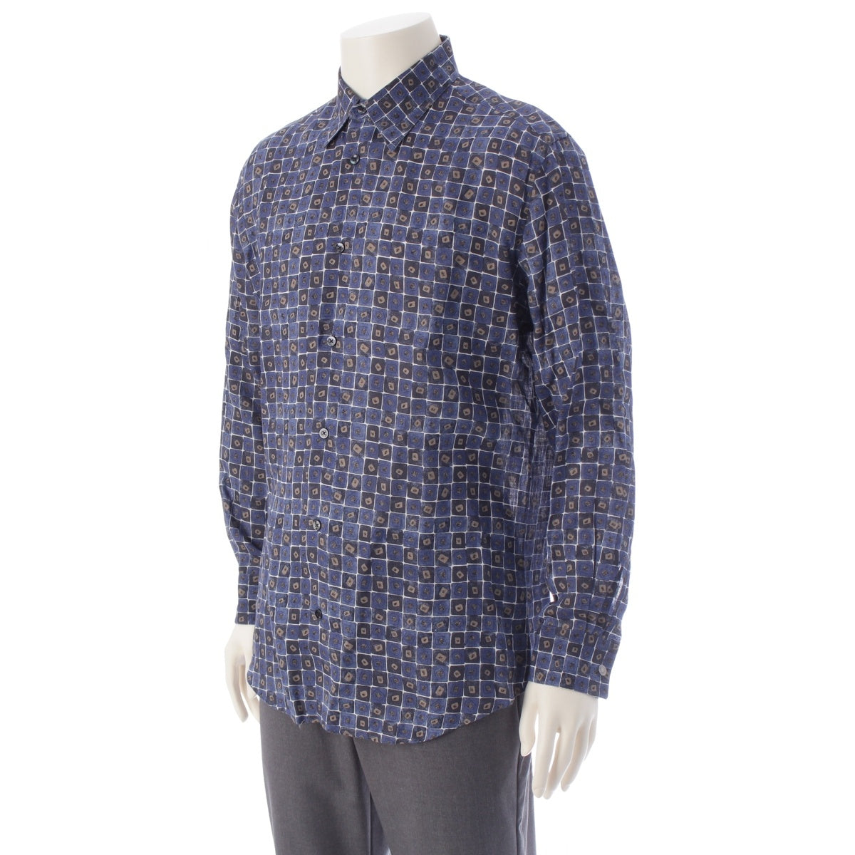 HERMES linen Serie button check all-over pattern Long sleeve shirt blue