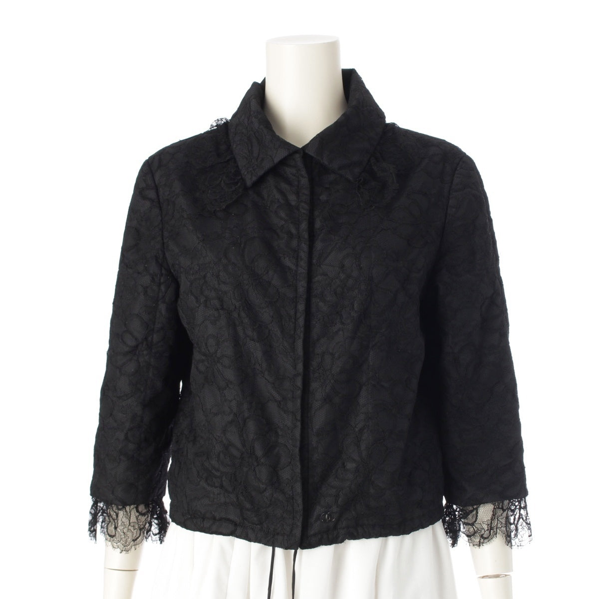 CHANEL 01C Lace Camellia COCO Mark 3/4 Length Crop tailored jacket P16865 black 36