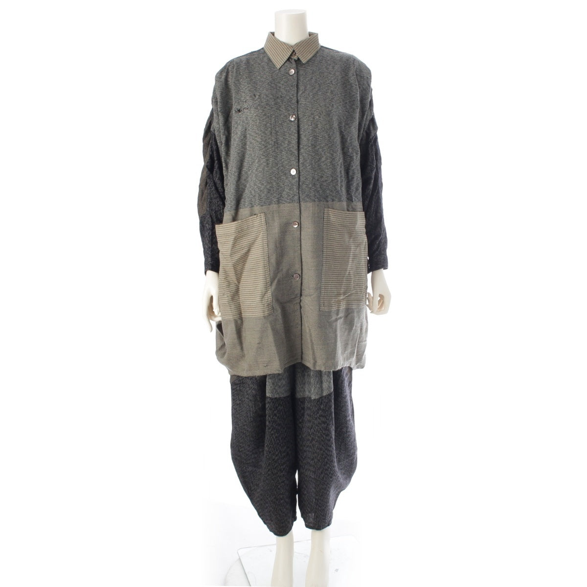 ISSEY MIYAKE Wool nylon Squid Hakama Transformed Shirt Pants setup flat surface Navy beige 9