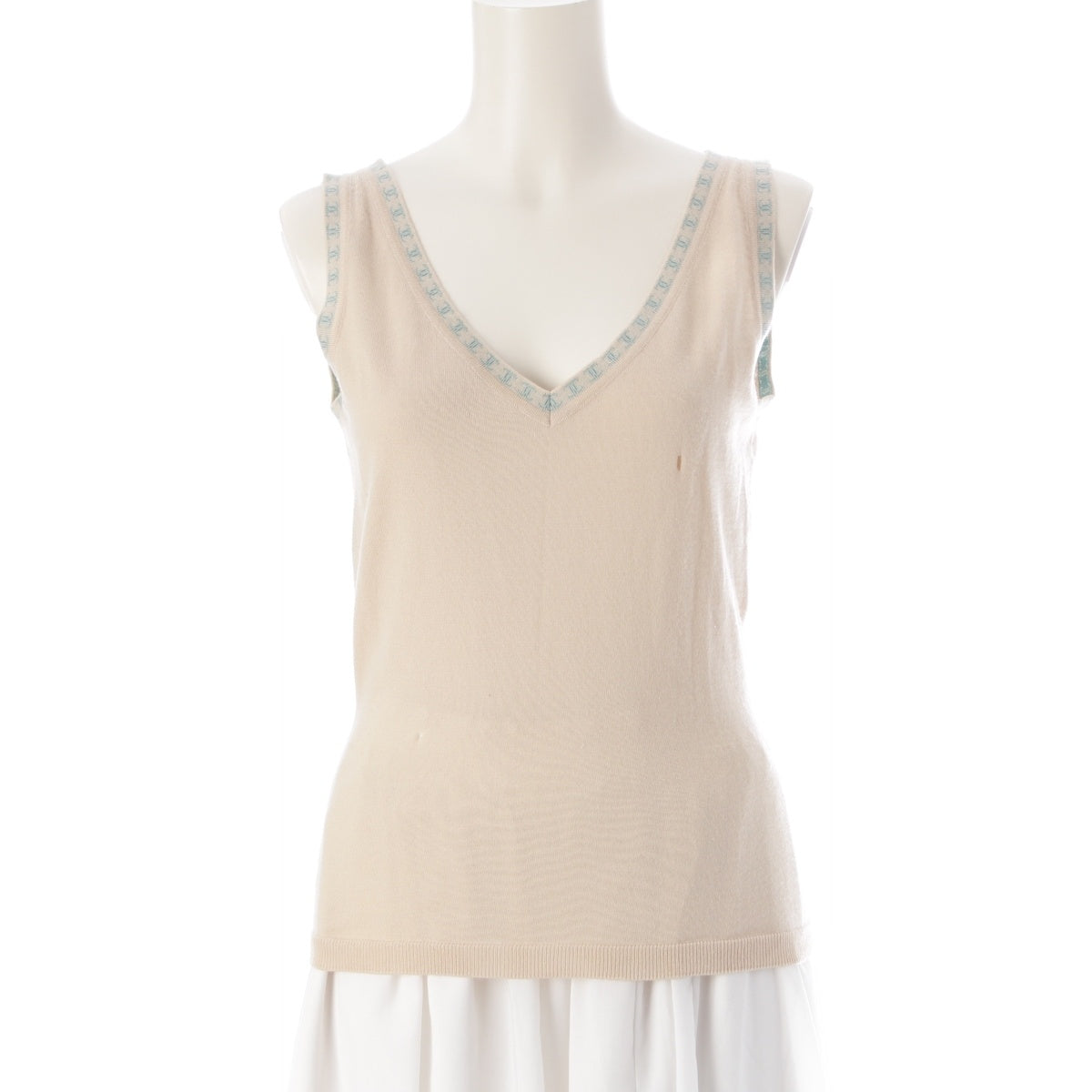 CHANEL COCO Mark Trim Sleeveless Knit Best tops P17932 Beige light blue 36