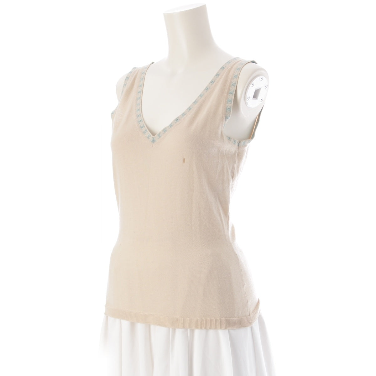 CHANEL COCO Mark Trim Sleeveless Knit Best tops P17932 Beige light blue 36