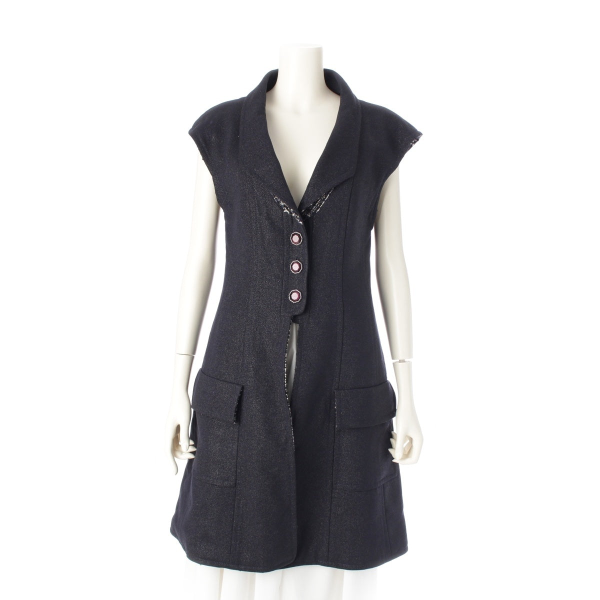 CHANEL Wool x nylon Color stone button tweed lining sleeveless dress vest coat P44673 Navy 36