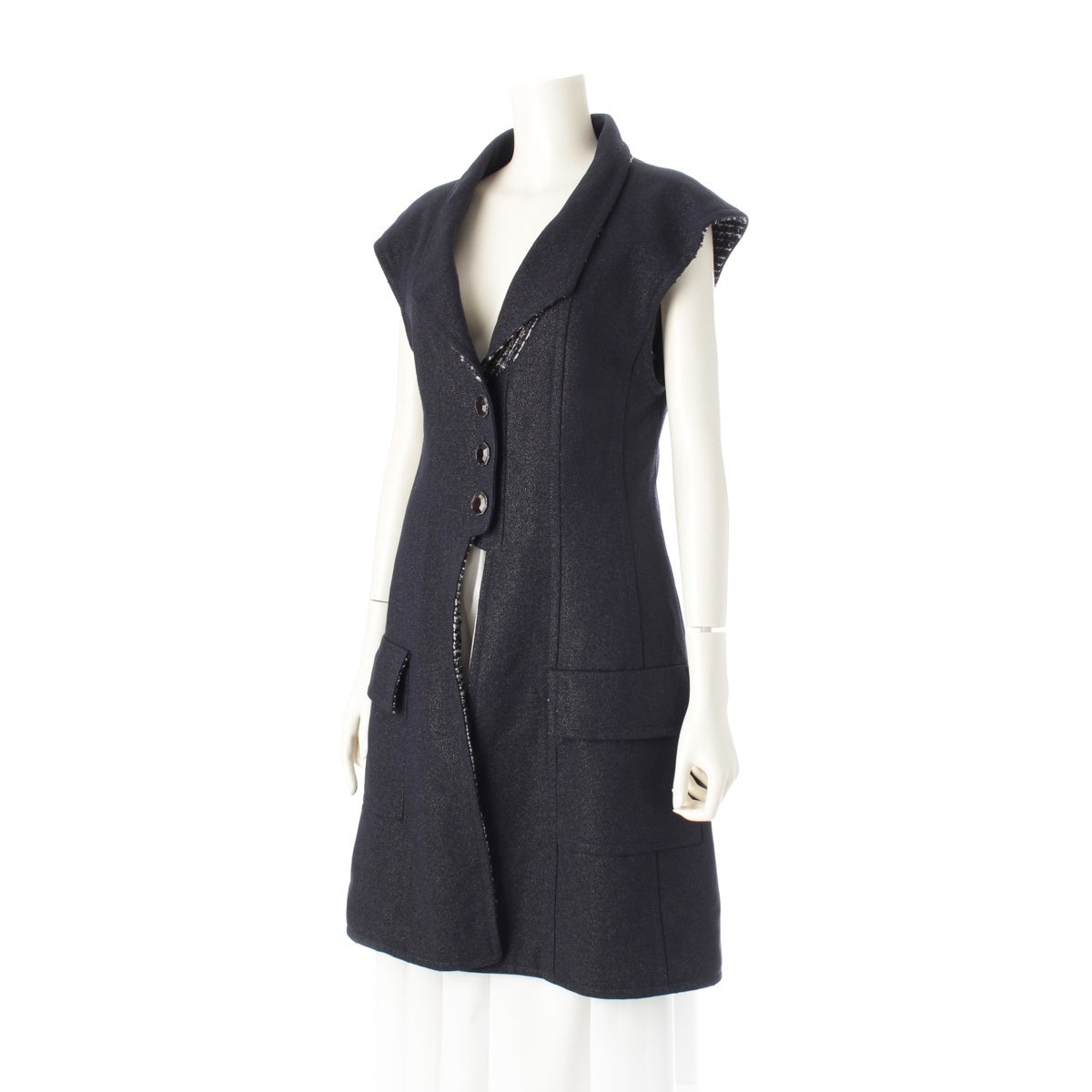 CHANEL Wool x nylon Color stone button tweed lining sleeveless dress vest coat P44673 Navy 36