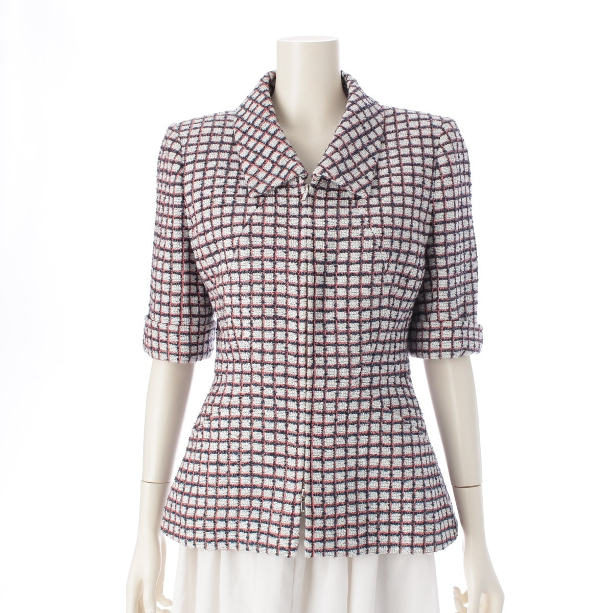 CHANEL Zip-up short sleeve tweed Jacket outer P60834 White Blue Pink 34