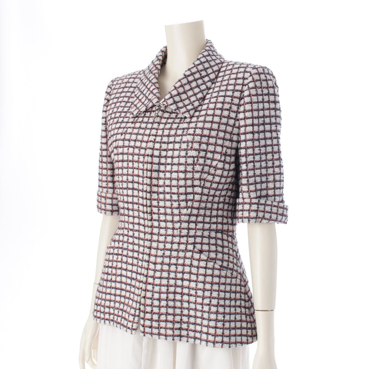 CHANEL Zip-up short sleeve tweed Jacket outer P60834 White Blue Pink 34