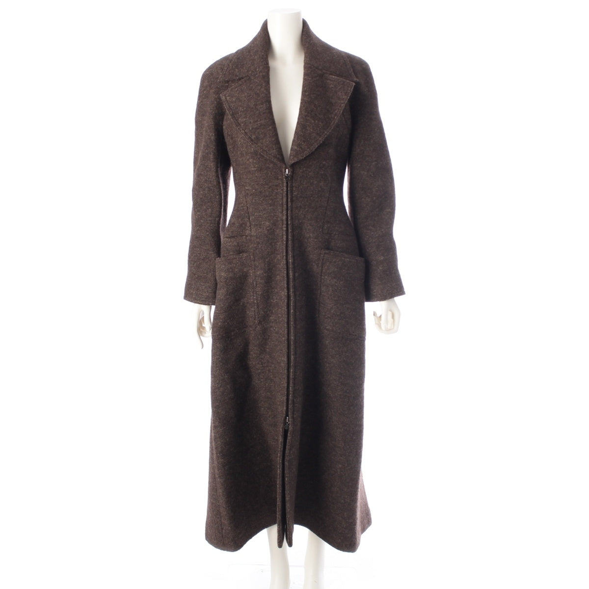 CHANEL wool COCO Mark Zip-up Long coat outer P09456 Dark brown 38