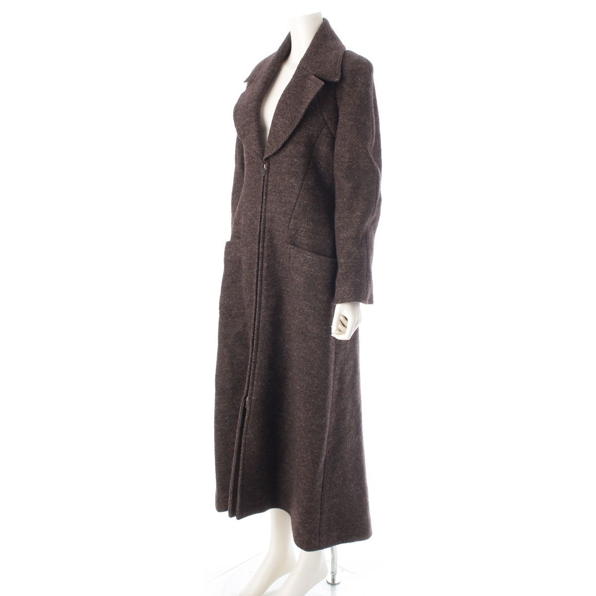 CHANEL wool COCO Mark Zip-up Long coat outer P09456 Dark brown 38