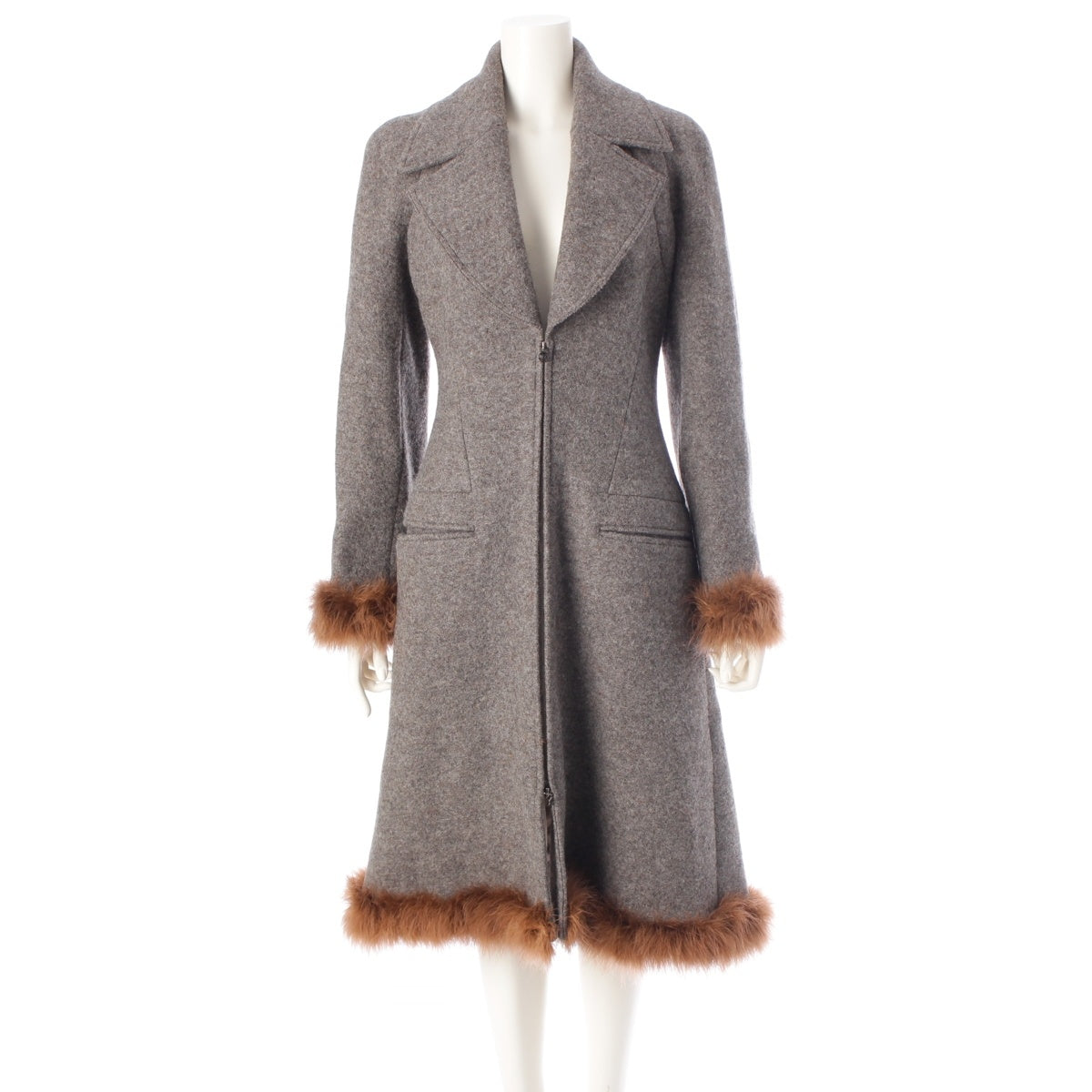 CHANEL wool Long with fur coat outer P09457 gray 38