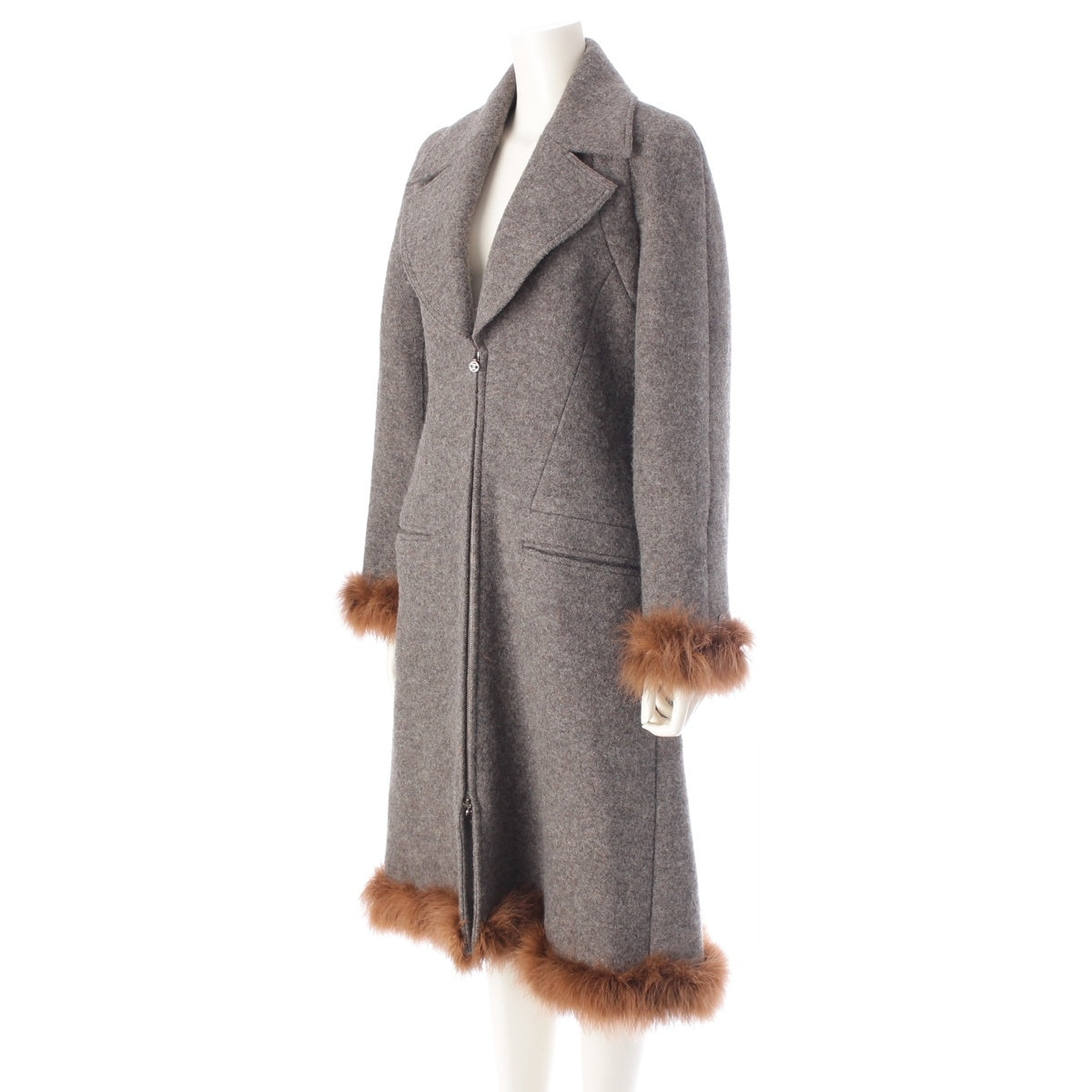 CHANEL wool Long with fur coat outer P09457 gray 38