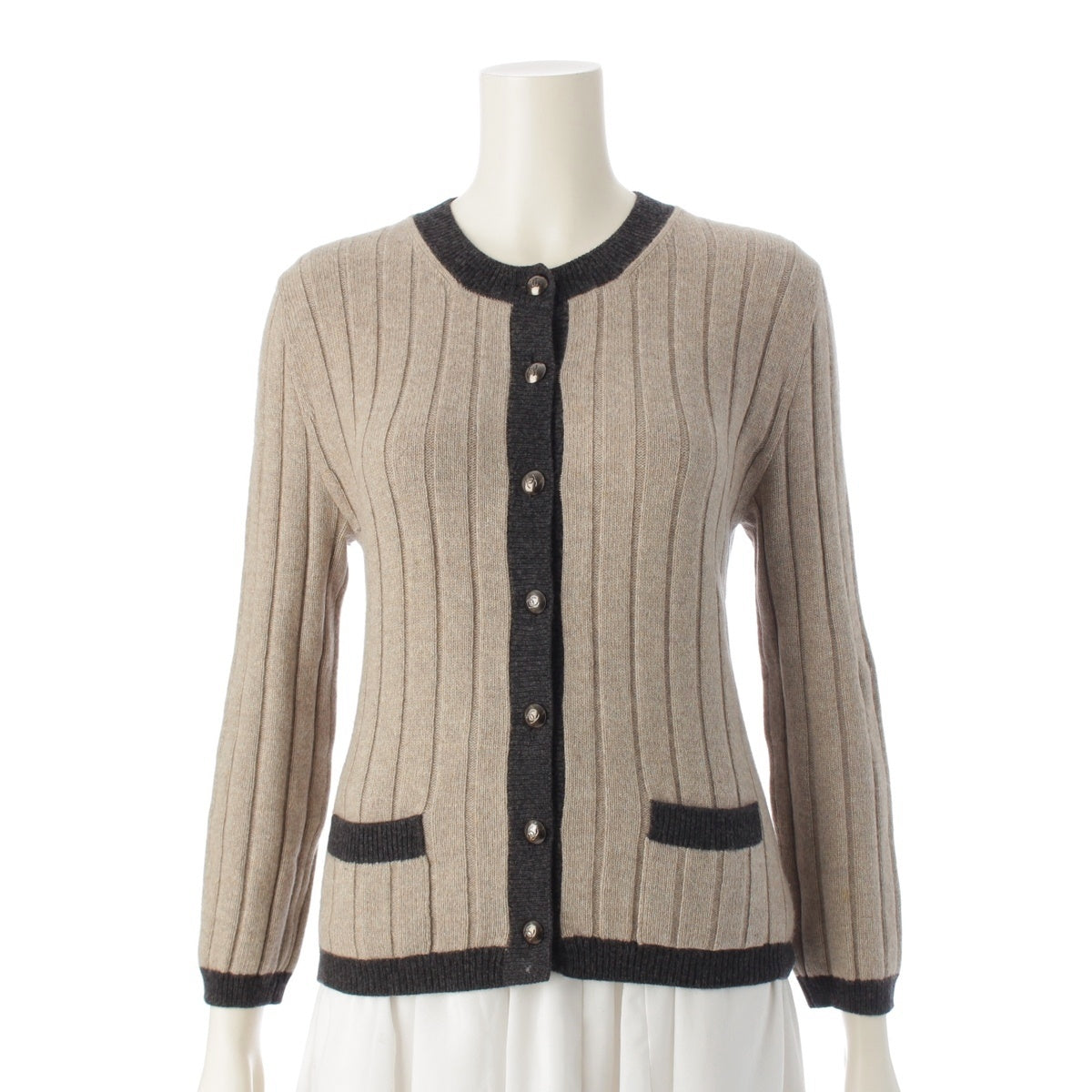 CHANEL cashmere Knit front button long sleeves cardigan tops P09128 Beige black 38