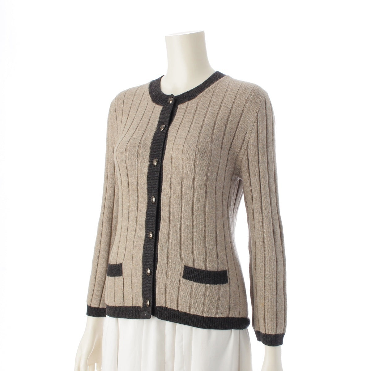 CHANEL cashmere Knit front button long sleeves cardigan tops P09128 Beige black 38