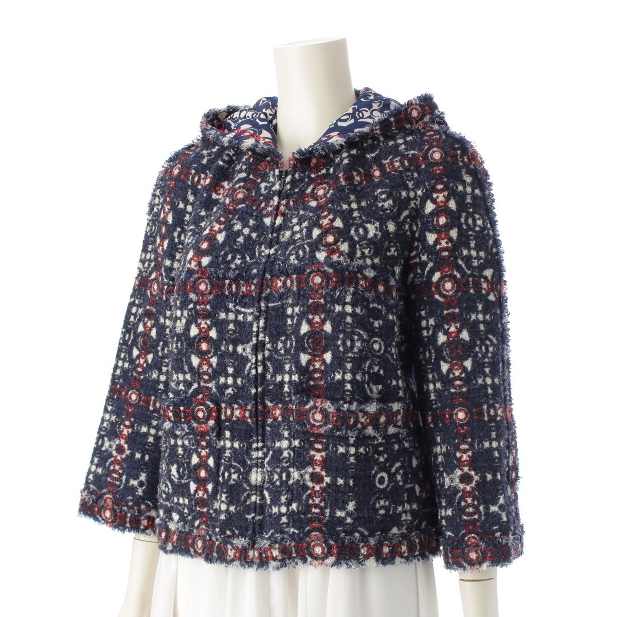 CHANEL wool Zip-up COCO MarkPattern tweed Jacket outerwear hoodie P32005 Blue red 42