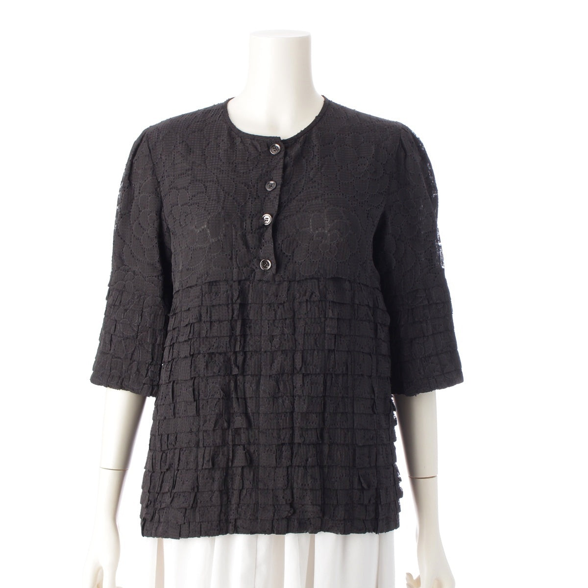 CHANEL Silk Kun Camellia lace no collar Short sleeve shirt tops P44927 black 38