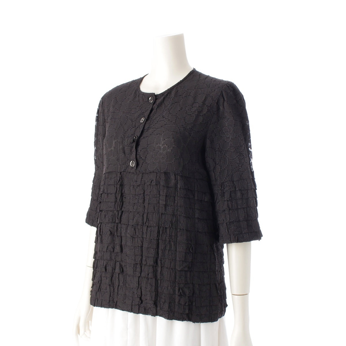 CHANEL Silk Kun Camellia lace no collar Short sleeve shirt tops P44927 black 38