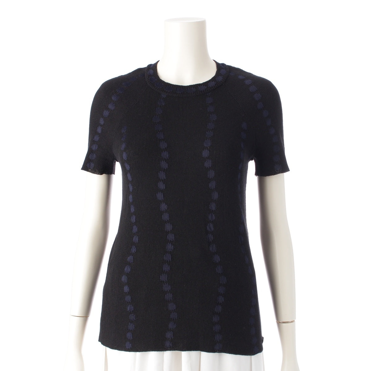 CHANEL Cotton linen Dot Pattern Short Sleeve knit tops P53600 Black blue 38