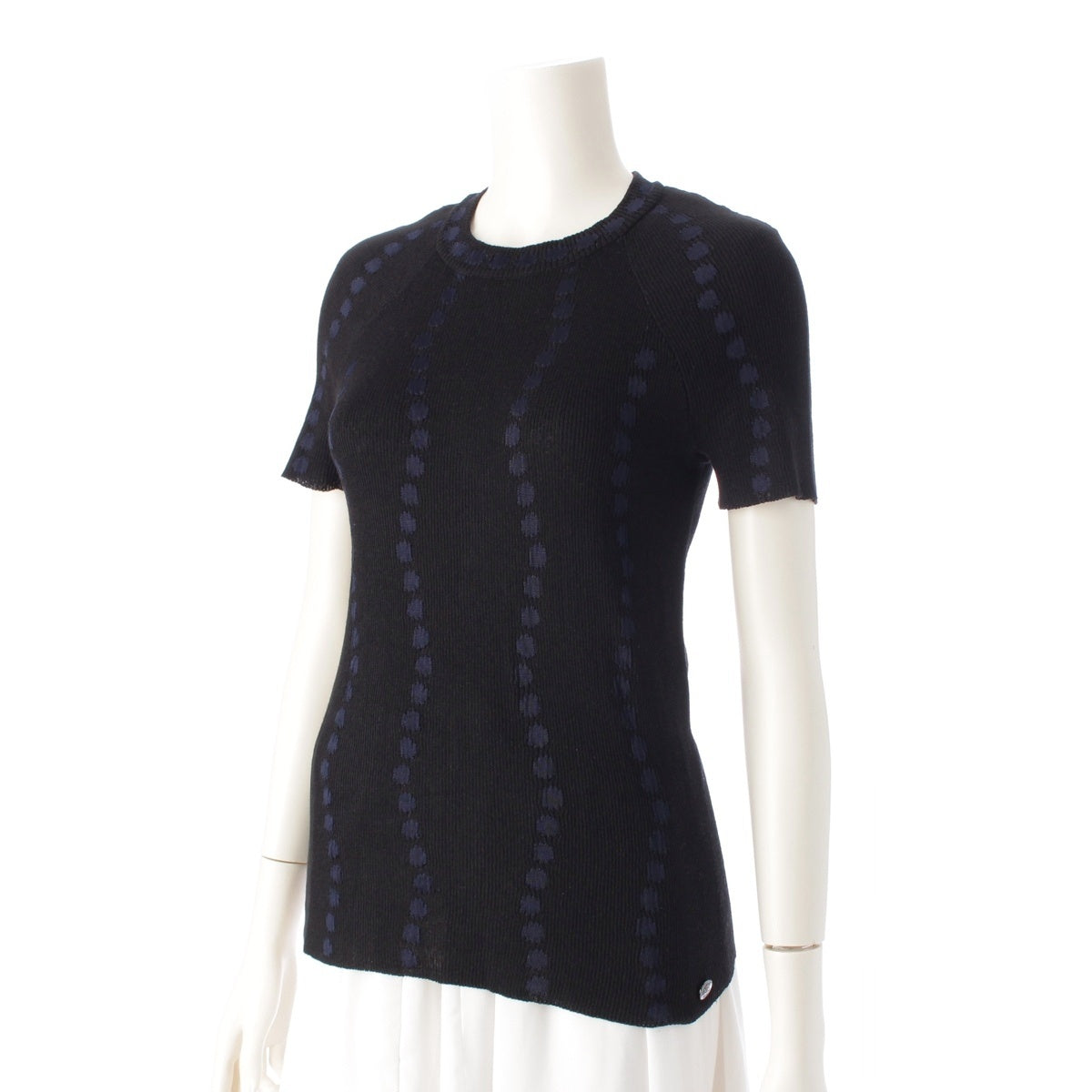 CHANEL Cotton linen Dot Pattern Short Sleeve knit tops P53600 Black blue 38