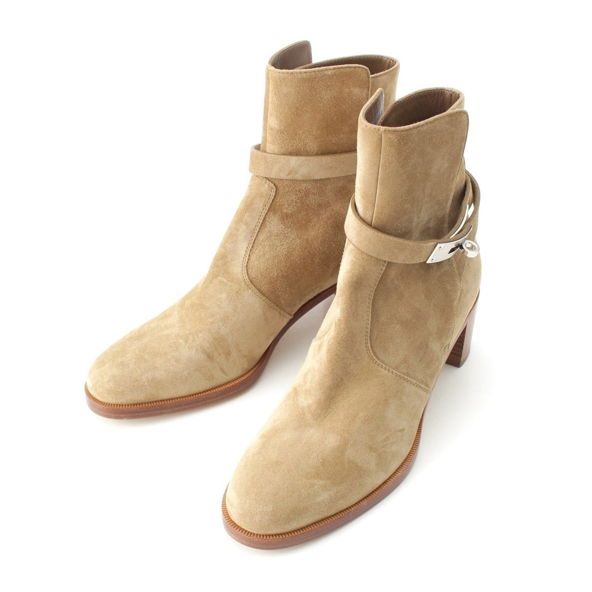 HERMES Suede French Kelly Metal Short boots beige 37