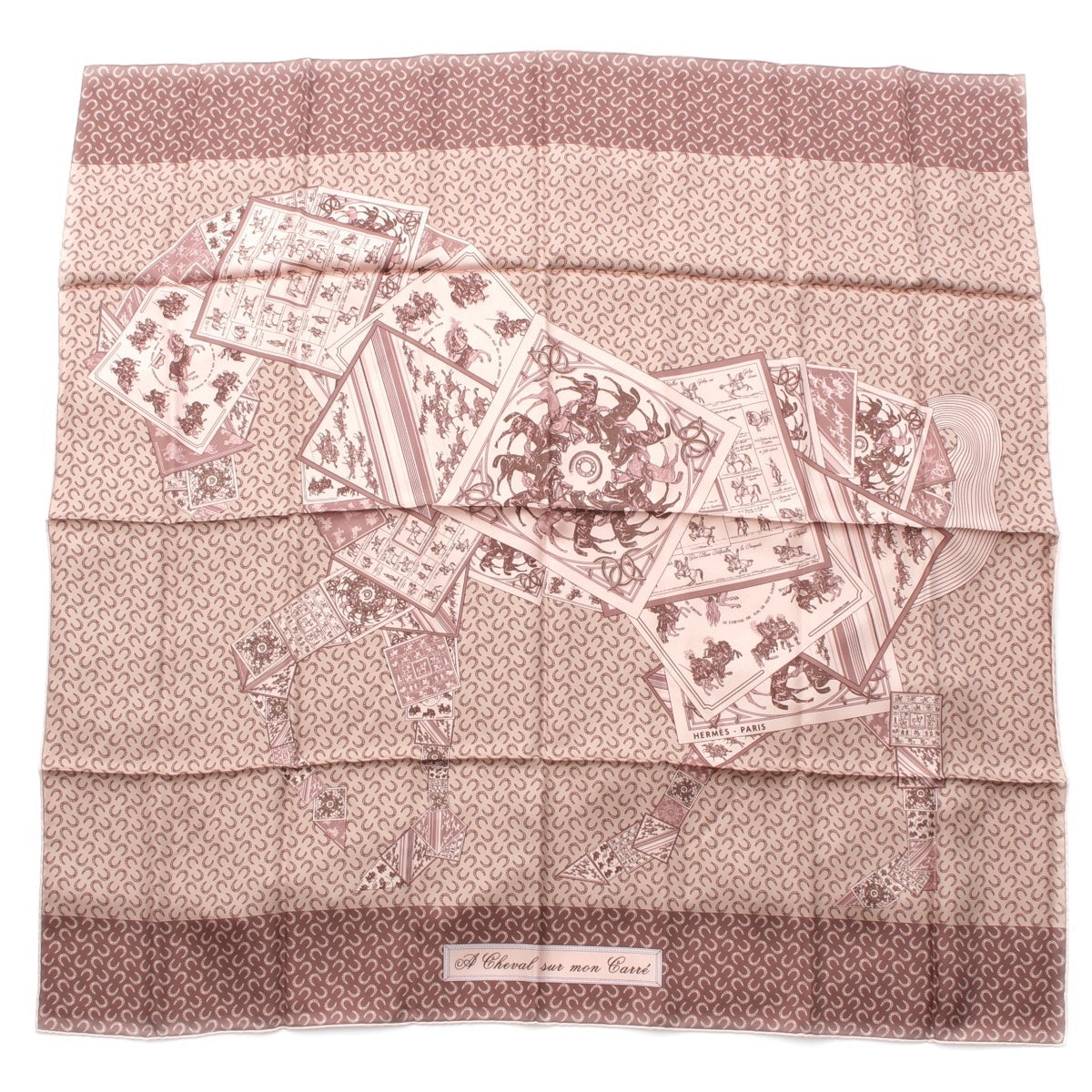 HERMES Carre 90 A Cheval sur mon Carre Riding a Carre horse silk scarf pink beige