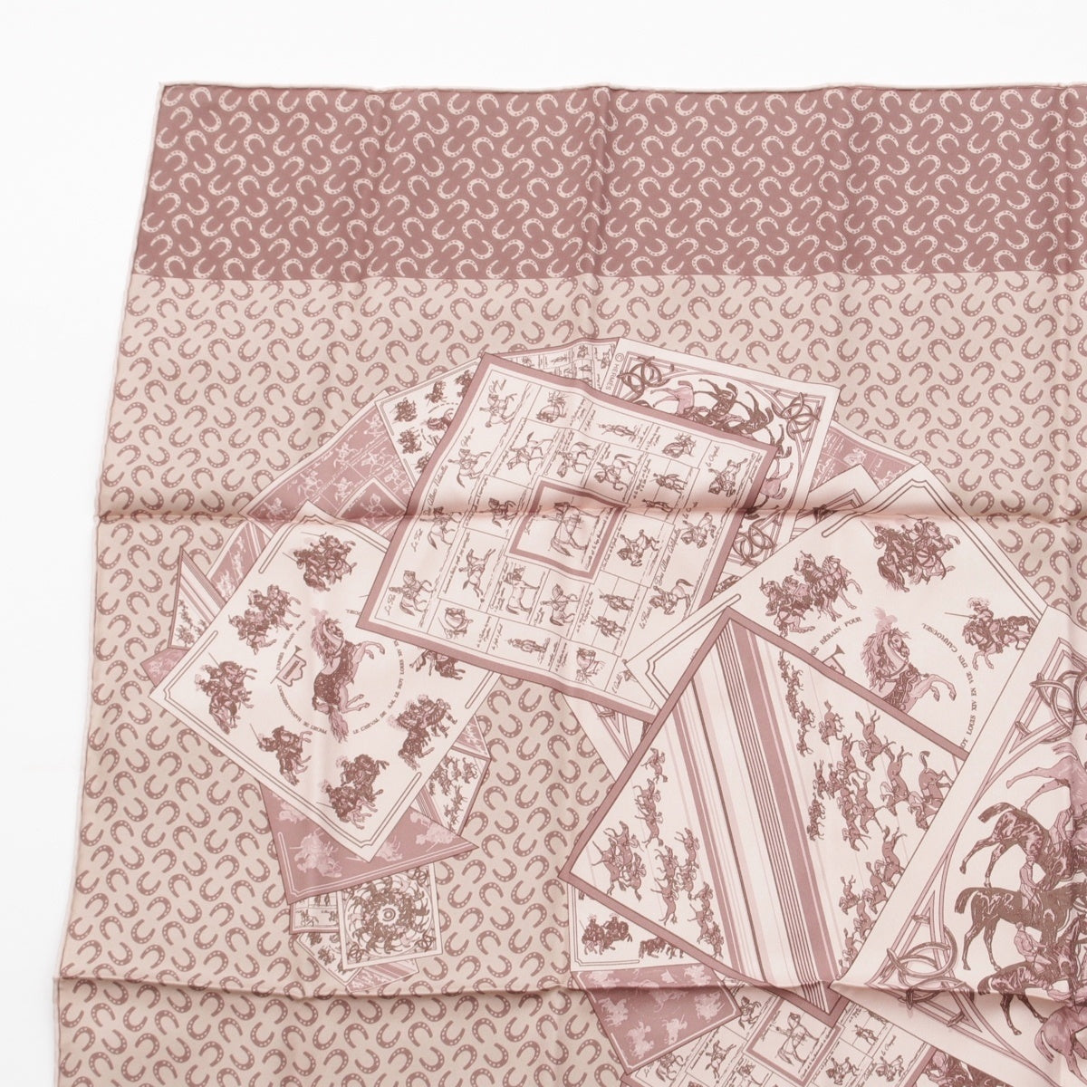 HERMES Carre 90 A Cheval sur mon Carre Riding a Carre horse silk scarf pink beige