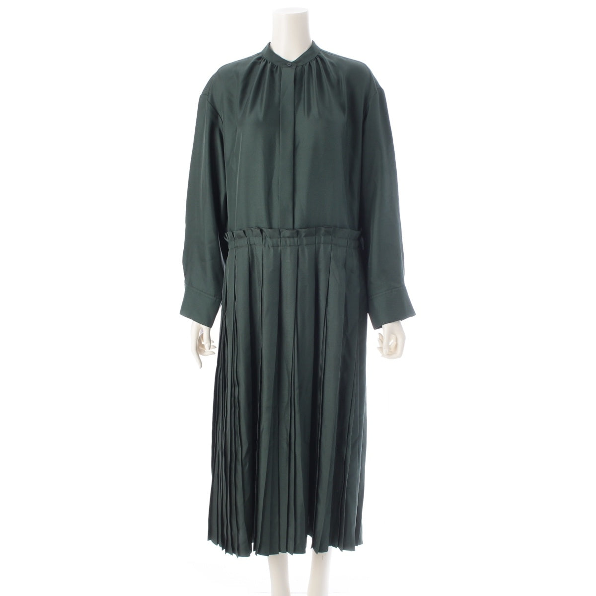 Drawer silk Pleated Skirt Maxi Long Sleeve one piece dress 6526-299-1471 green 36