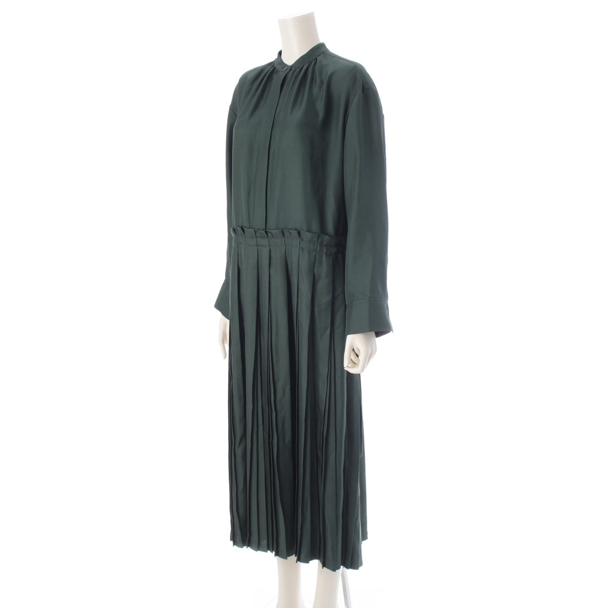 Drawer silk Pleated Skirt Maxi Long Sleeve one piece dress 6526-299-1471 green 36