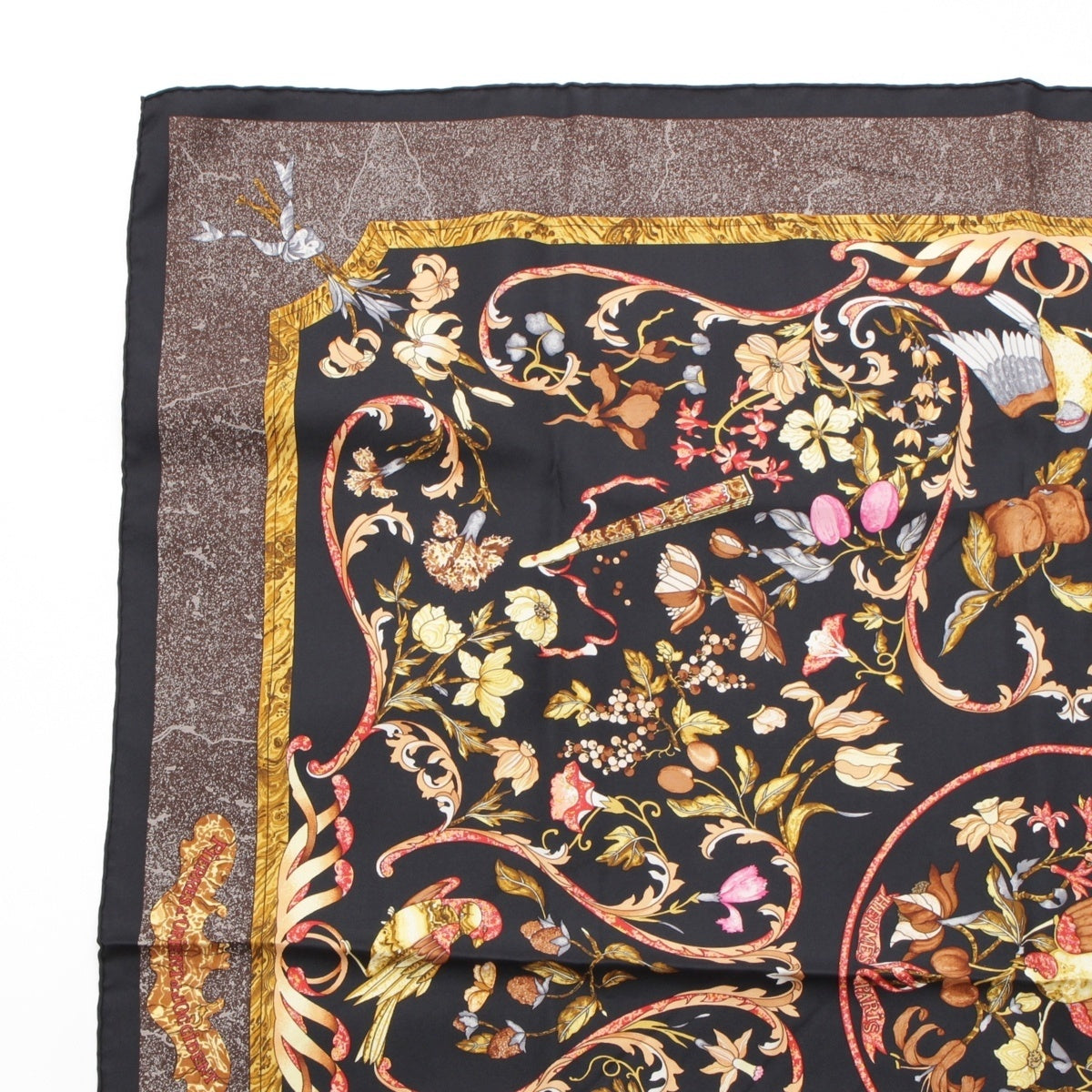 HERMES Calle 90 silk PIERRES d' ORIENT and d' OCCIDENT Eastern stone and Western stonework scarf black