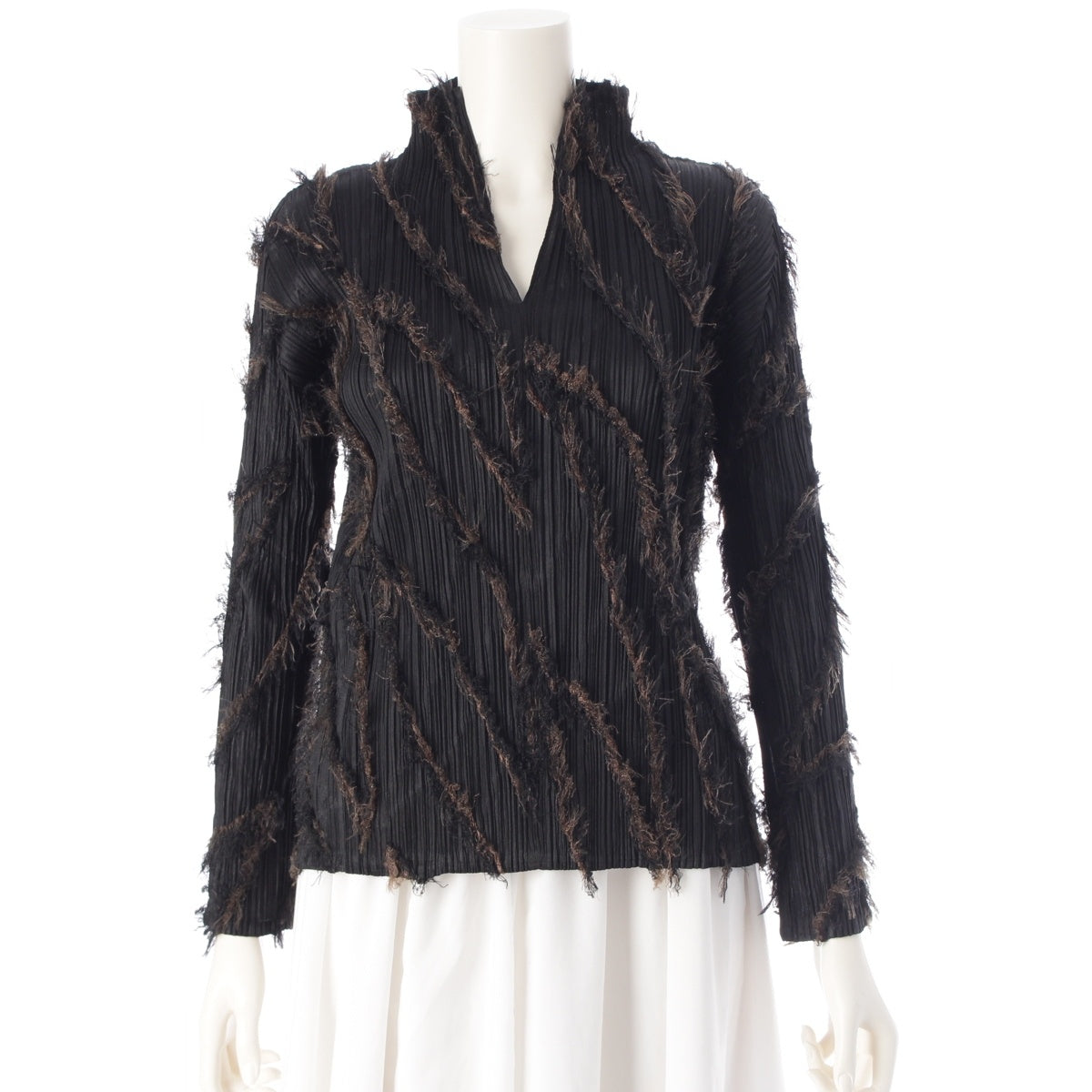 PLEATS PLEASE ISSEY  Fringe Skipper Long Sleeve Cut tops PP43-JK802 Black x brown 3
