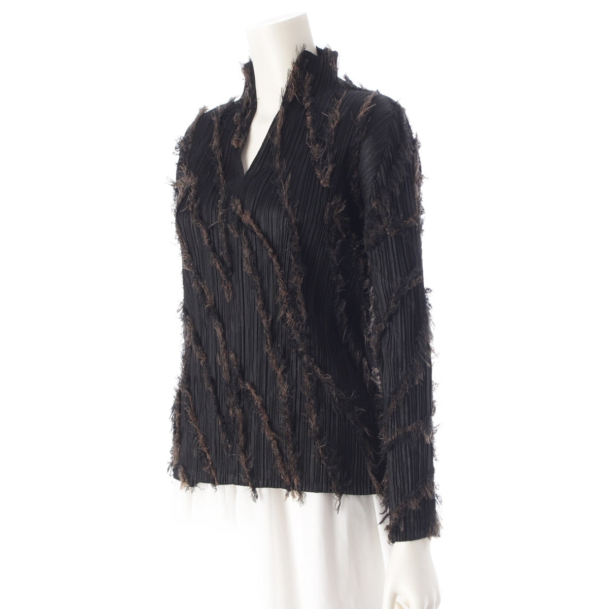 PLEATS PLEASE ISSEY  Fringe Skipper Long Sleeve Cut tops PP43-JK802 Black x brown 3