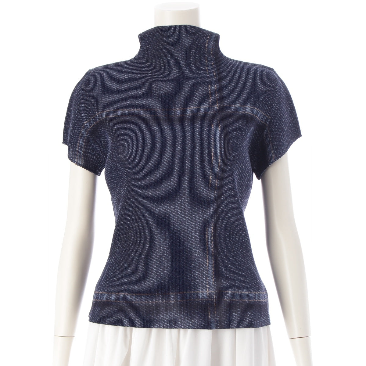 PLEATS PLEASE ISSEY  Denim Transfer Bottleneck Short Sleeve Cut tops PP43-FK922 Navy 3