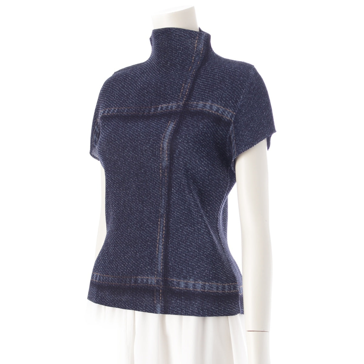 PLEATS PLEASE ISSEY  Denim Transfer Bottleneck Short Sleeve Cut tops PP43-FK922 Navy 3
