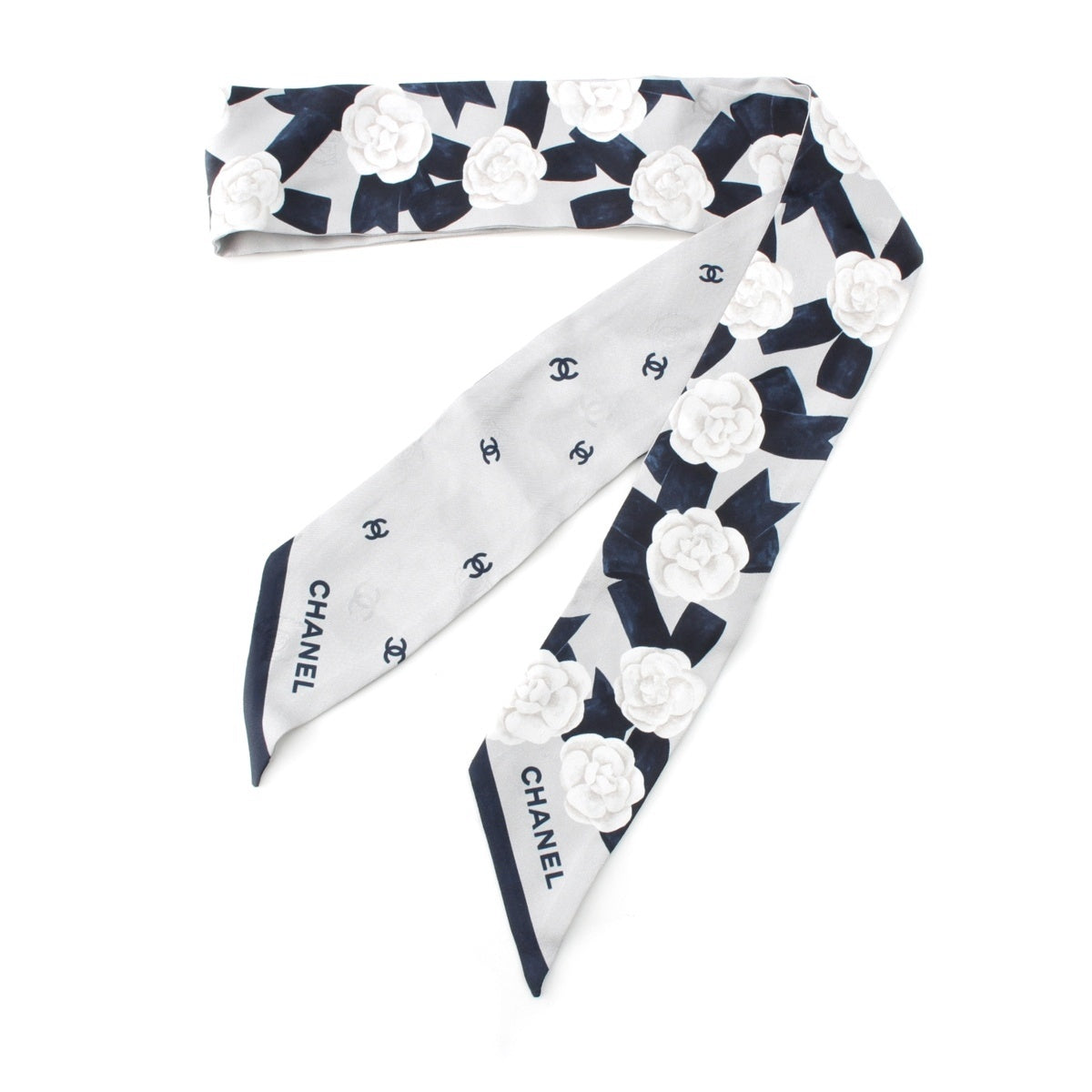 CHANEL 25A Twill silk Camellia ribbon scarf hair band gray