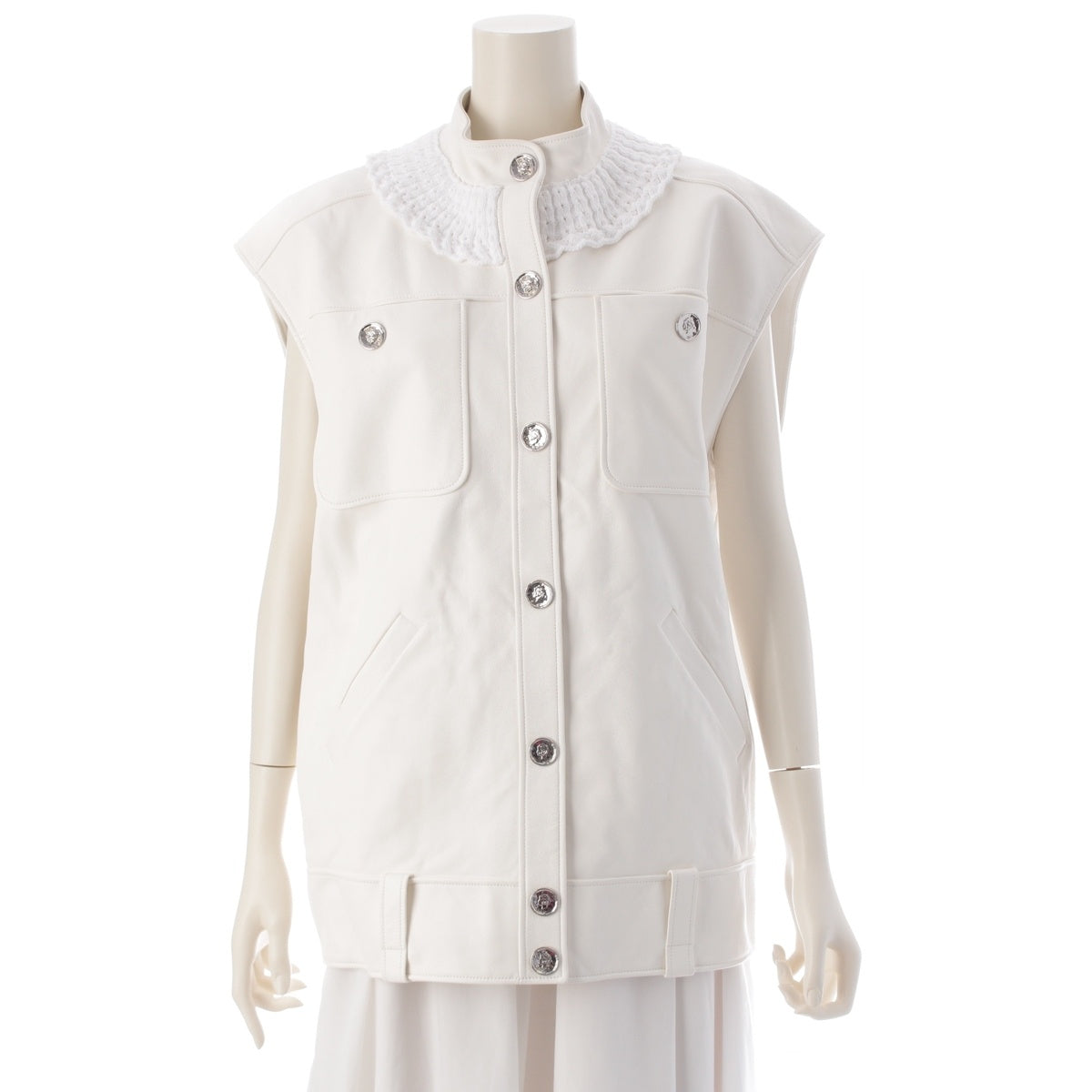 CHANEL Lambskin leather Mademoiselle Button Collar Blouse Gilet Best tops P79431 white 36