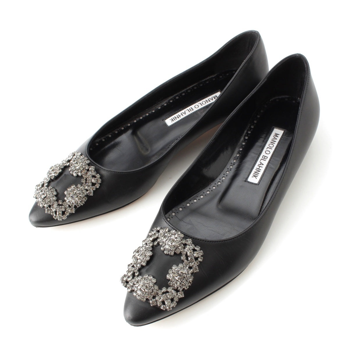 MANOLO BLAHNIK Hangishi leather Jeweled pointed toe pumps Flat shoes black 35 1/2