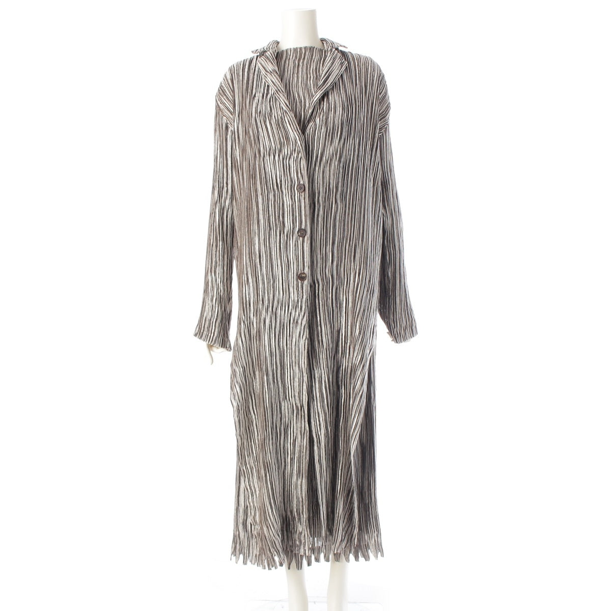 ISSEY MIYAKE Pleated Stripe Collection 3 piece Set: Cardigan, Top, Skirt IM24FA903/IM24J981/IM24FG943 Gray beige 3