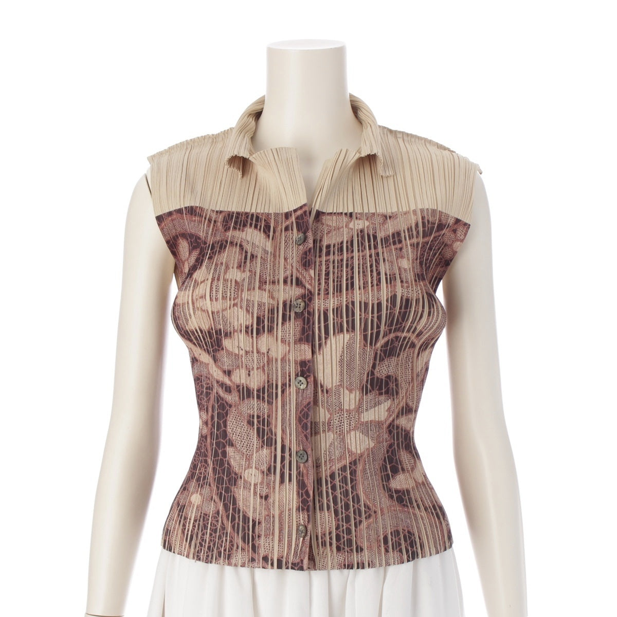 PLEATS PLEASE ISSEY  PEONY BOTANICAL FLOWER floral print sleeveless top blouse tops PP86-JK462 Beige brown 3