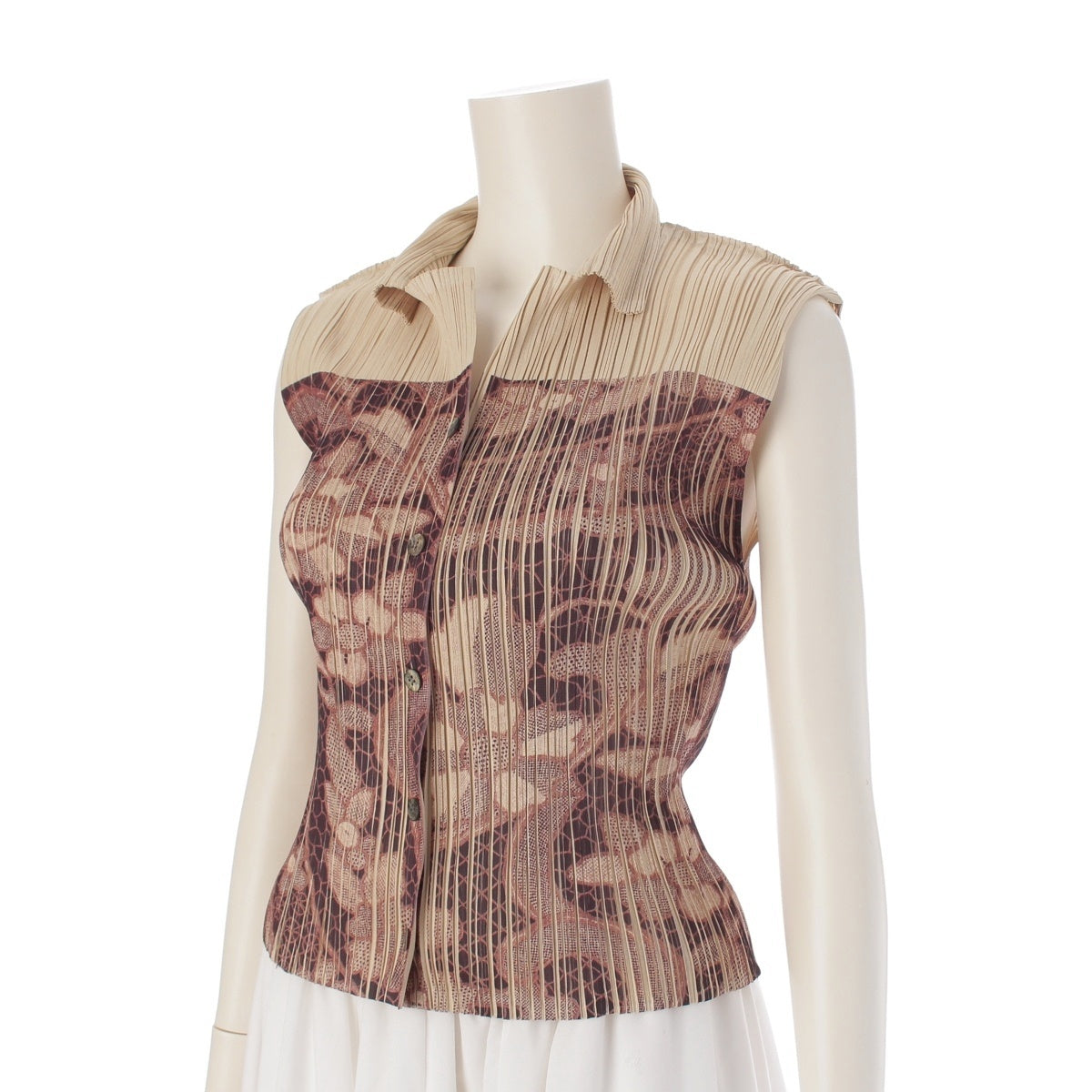 PLEATS PLEASE ISSEY  PEONY BOTANICAL FLOWER floral print sleeveless top blouse tops PP86-JK462 Beige brown 3