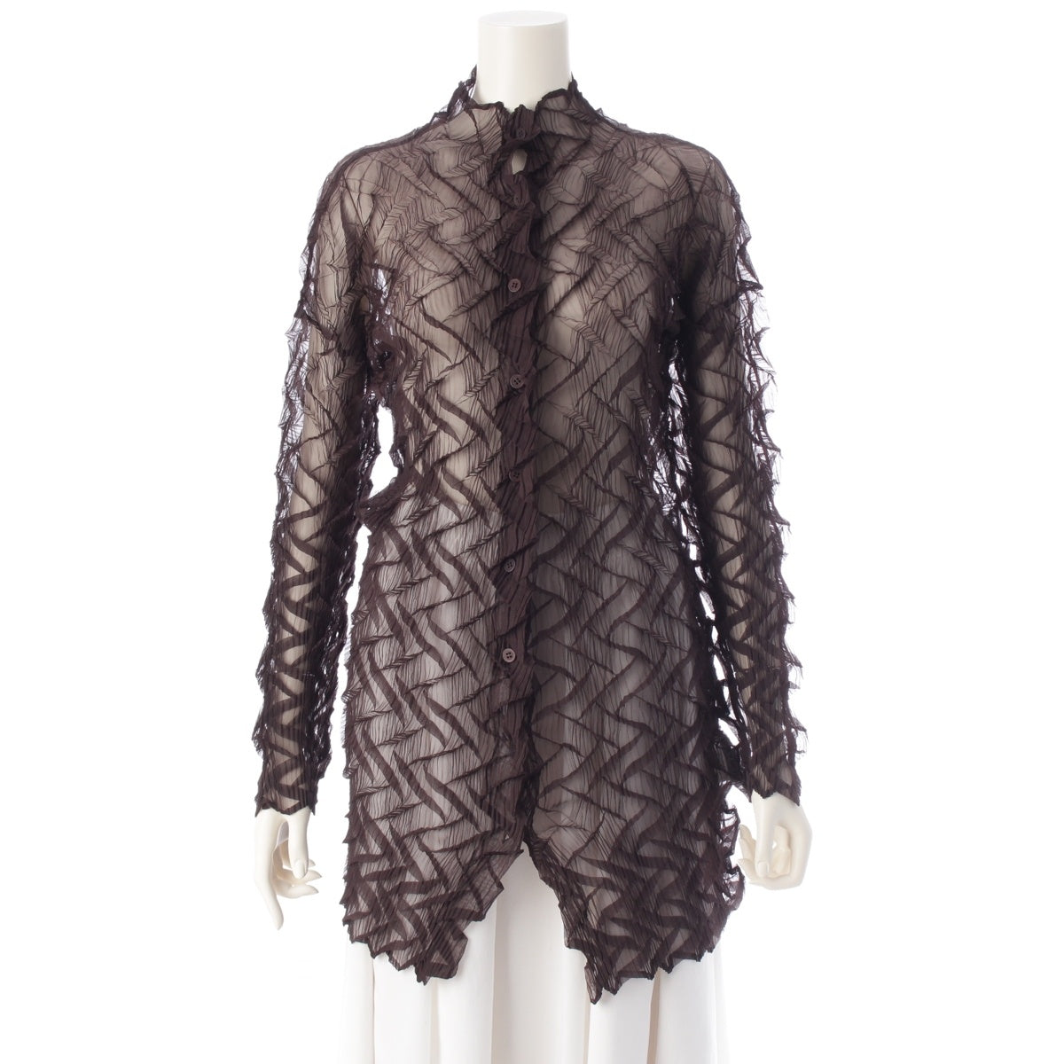 ISSEY MIYAKE Cross-pleated sheer see-through long sleeves cardigan tops IM24FJ556 Brown 3