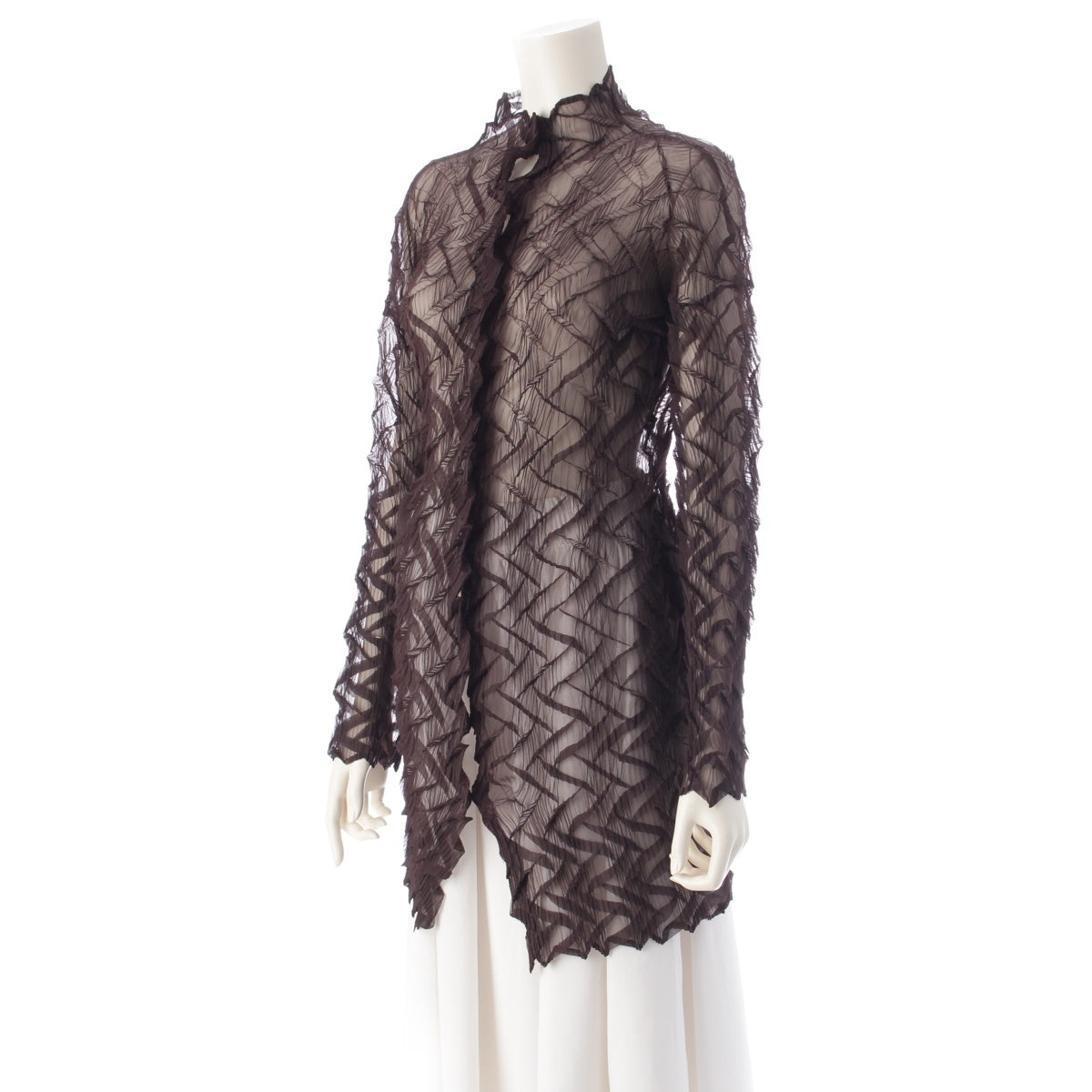 ISSEY MIYAKE Cross-pleated sheer see-through long sleeves cardigan tops IM24FJ556 Brown 3