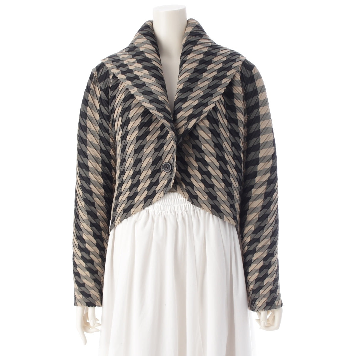 ISSEY MIYAKE Big Collar Sailor Pleated Transformed Round Check Jacket outer IM84-FD944 Beige black L