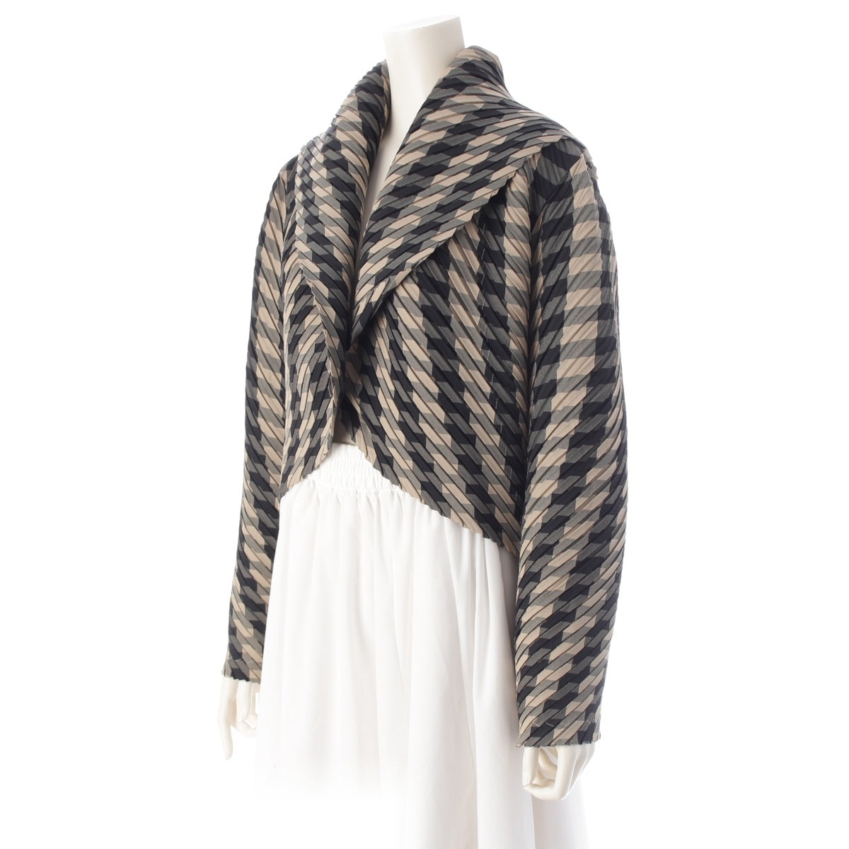 ISSEY MIYAKE Big Collar Sailor Pleated Transformed Round Check Jacket outer IM84-FD944 Beige black L