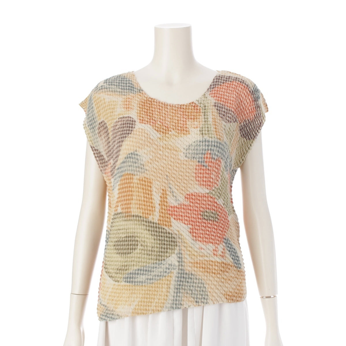 ISSEY MIYAKE Floral all-over pattern diagonal cross pleated sleeveless top tops IM74-FJ627 multicolor L
