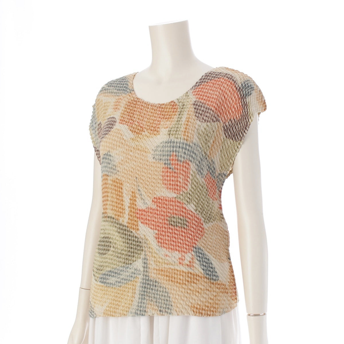ISSEY MIYAKE Floral all-over pattern diagonal cross pleated sleeveless top tops IM74-FJ627 multicolor L