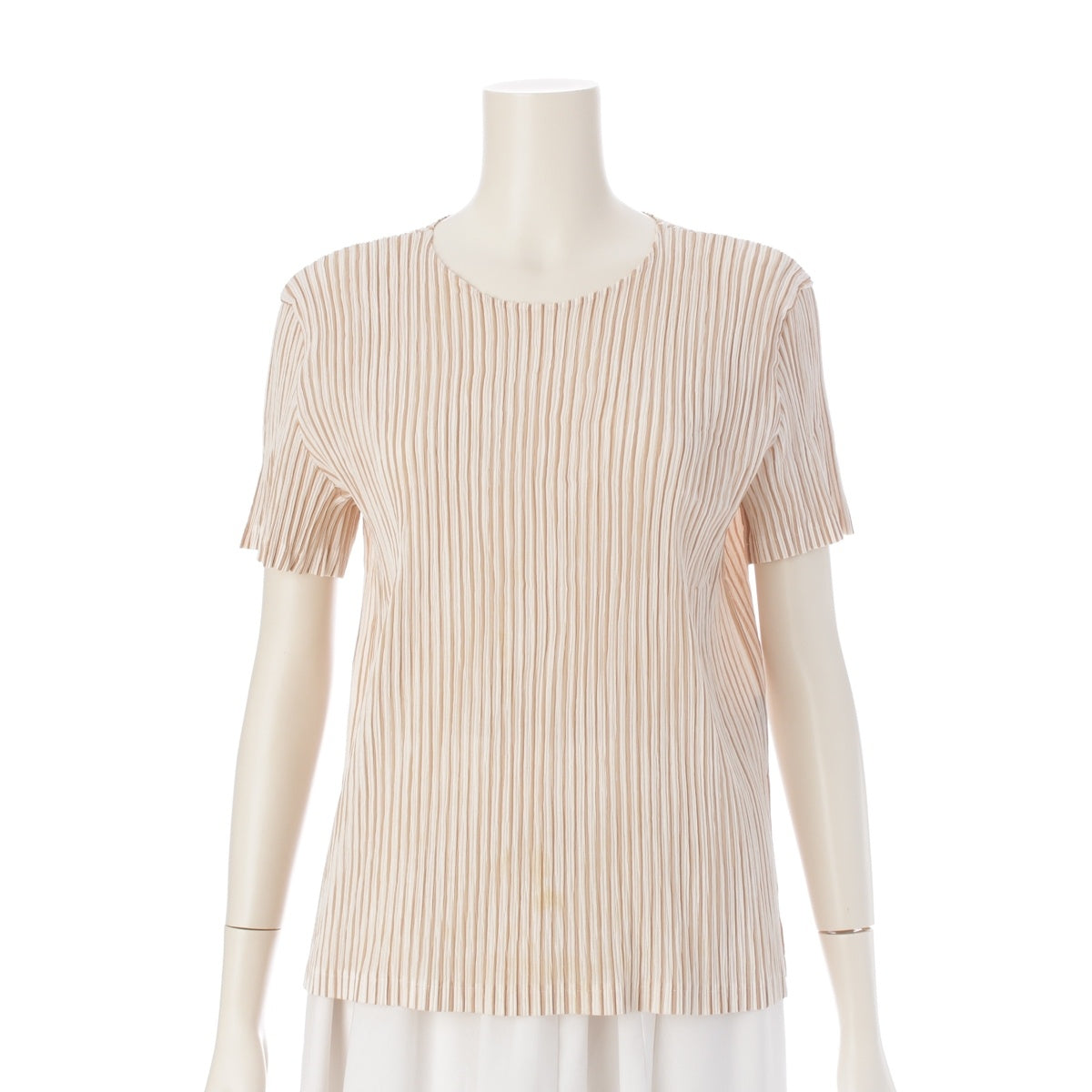 ISSEY MIYAKE Pleated short sleeve crew neck tops Striped Pattern IM22FJ520 White beige 3