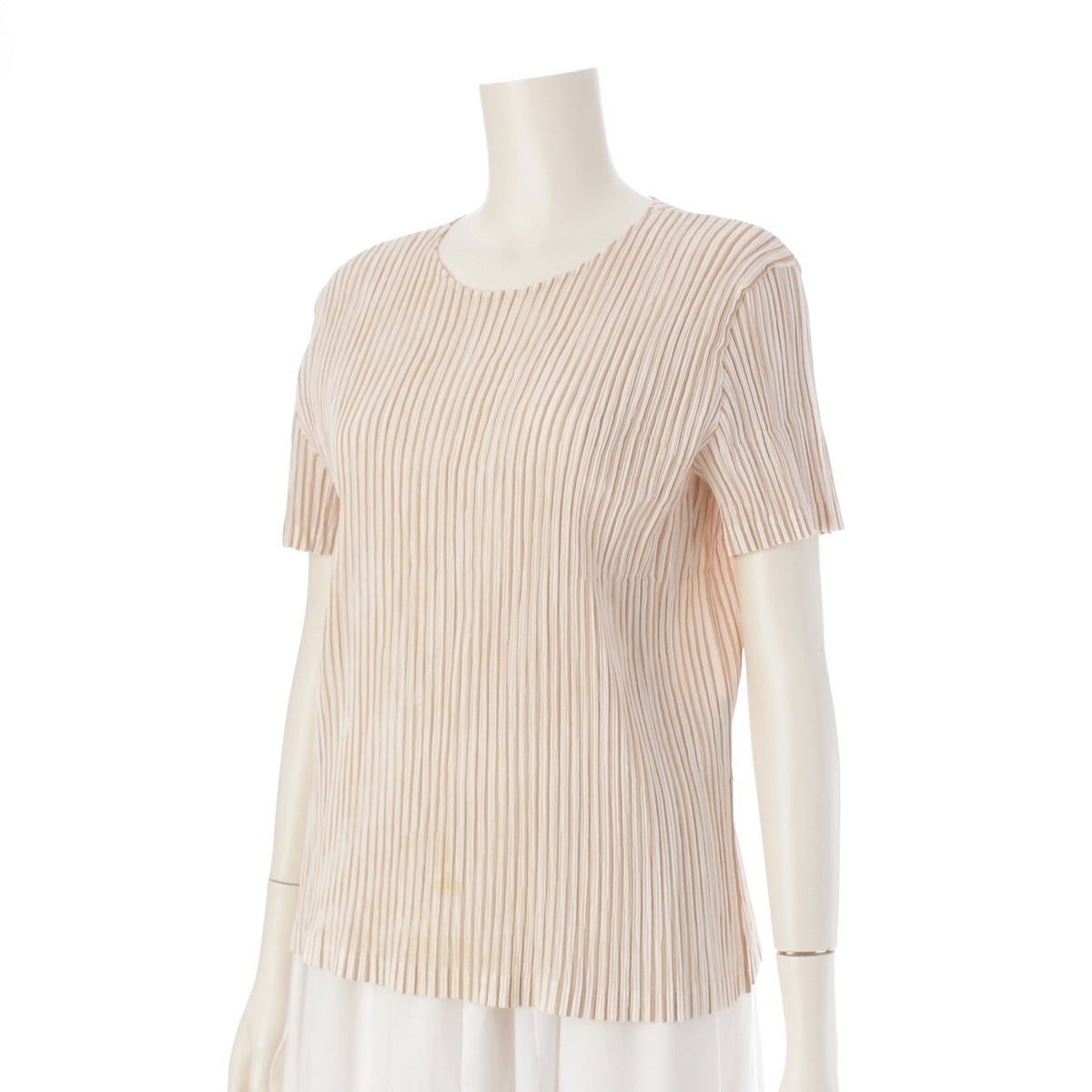 ISSEY MIYAKE Pleated short sleeve crew neck tops Striped Pattern IM22FJ520 White beige 3