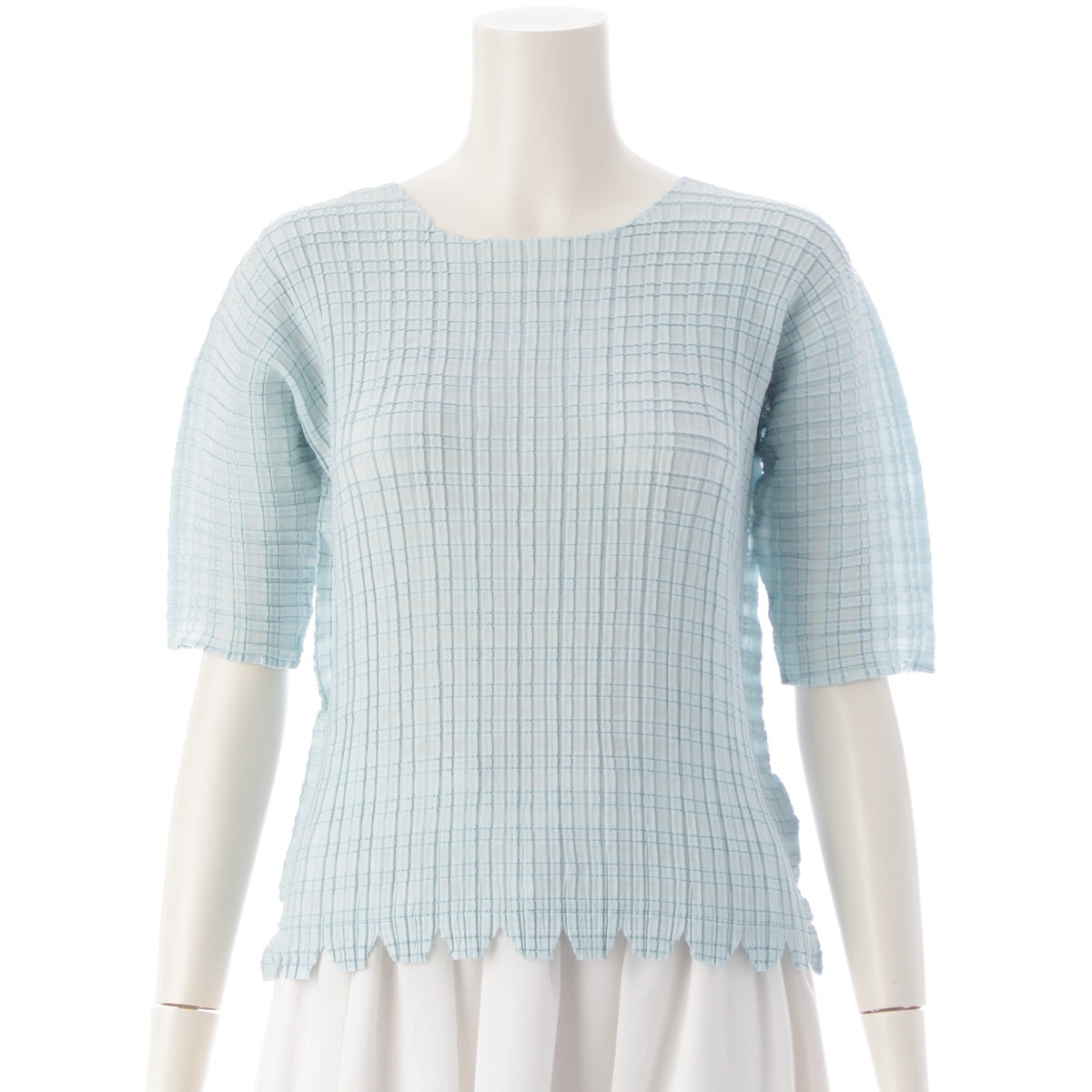 ISSEY MIYAKE Box pleated, rounded hem, cloud print, short sleeves, crew neck tops IM02FJ918 Light blue M